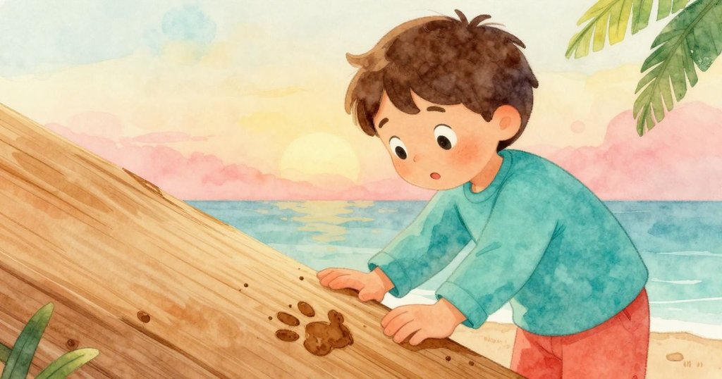 主角的手輕觸溫暖木頭，發現細密泥跡與旁邊垂落的小植物，充滿探索之感