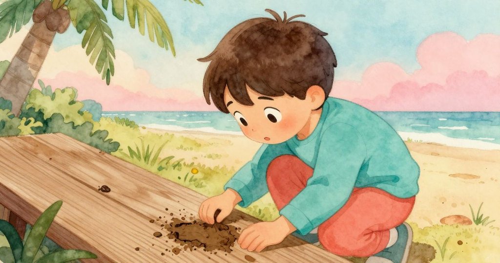 主角俯視趴在木板旁檢查漸淡泥跡，神情專注且帶著溫柔好奇