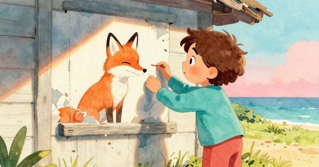 主角站在充滿明亮陽光的遊戲小屋牆前，仔細觀察剝落狐狸彩繪，畫面溫暖而富有故事感