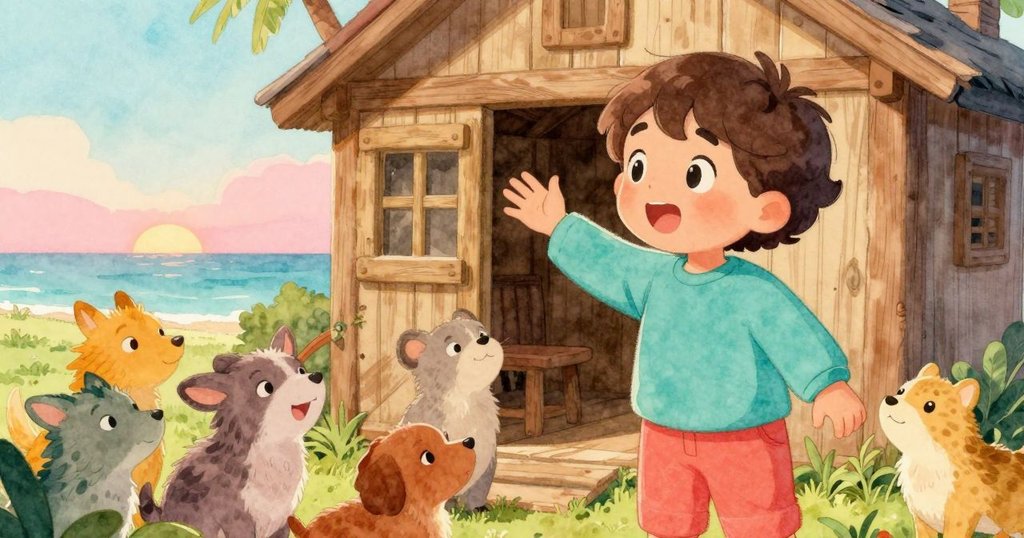 主角與當地動物在小屋旁快樂相聚，臉上滿是欣喜，展現和諧友愛的自然氛圍