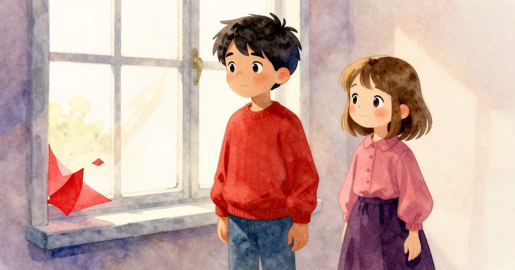 小鳥降臨在窗台上，輕柔微風使紅紙角翩然揚起，室內與戶外氛圍交織，充滿生動氣息