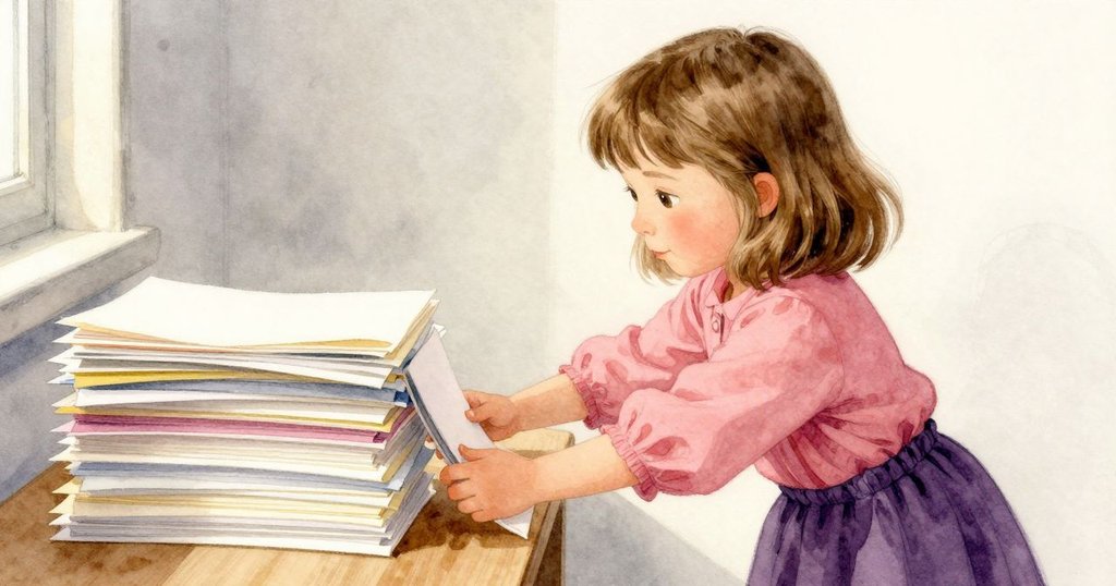 羅莎走向桌邊，小心調整歪斜紙堆，室內溫柔光線映襯，動作專注而溫暖