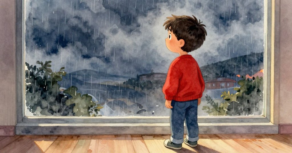 凱蘭靜靜凝望雨滴打在窗玻璃上，內心充滿決心，室內柔和燈光襯托出窗外新希望