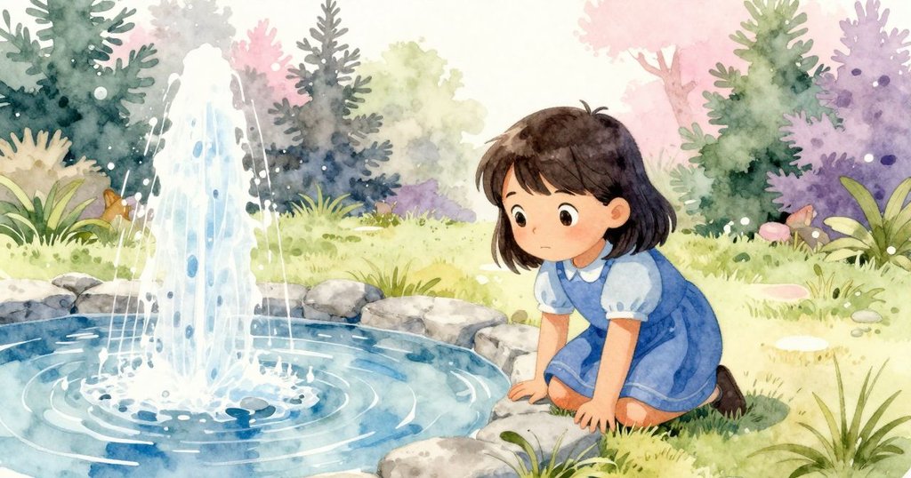 卡雅跪在池塘邊欣賞溫暖陽光，背景有噴泉滴水、玫瑰以及小動物，營造出溫馨自然的開始情境