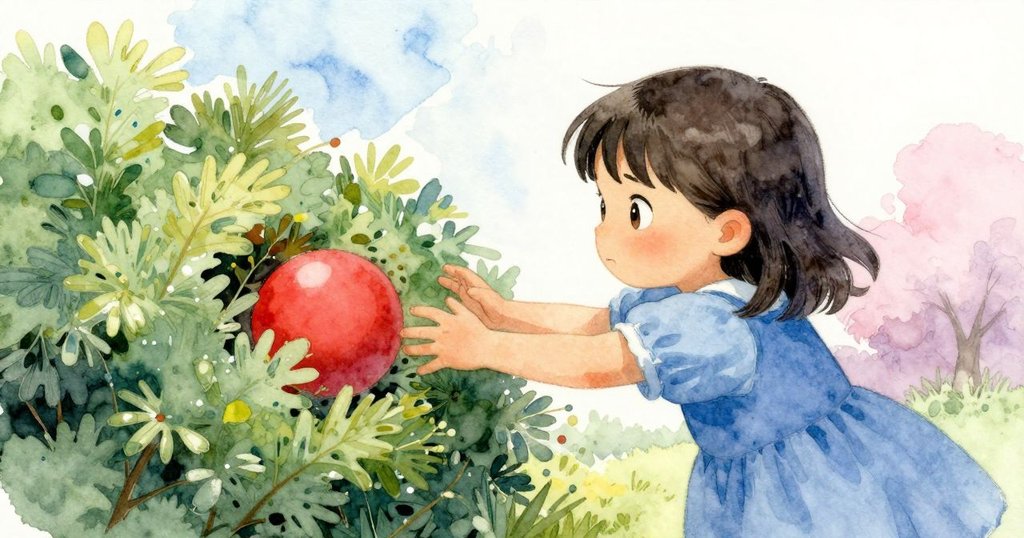 卡雅伸手尋找矮籬籬下的紅球，臉上流露出好奇與期待，展現出探索秘密的情境