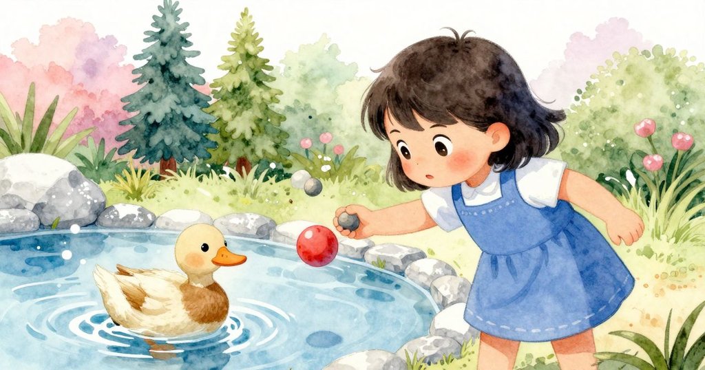 卡雅用卵石擊向紅球，同時池塘邊有鴨子歡快拍水和昆蟲停在樹枝上，呈現出活力與自然互動