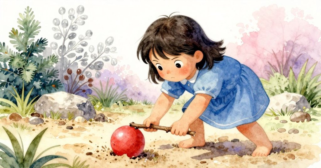 卡雅用樹枝加大力度推動紅球，沙子緊抓著球體，她臉上顯示出堅毅奮鬥的神情