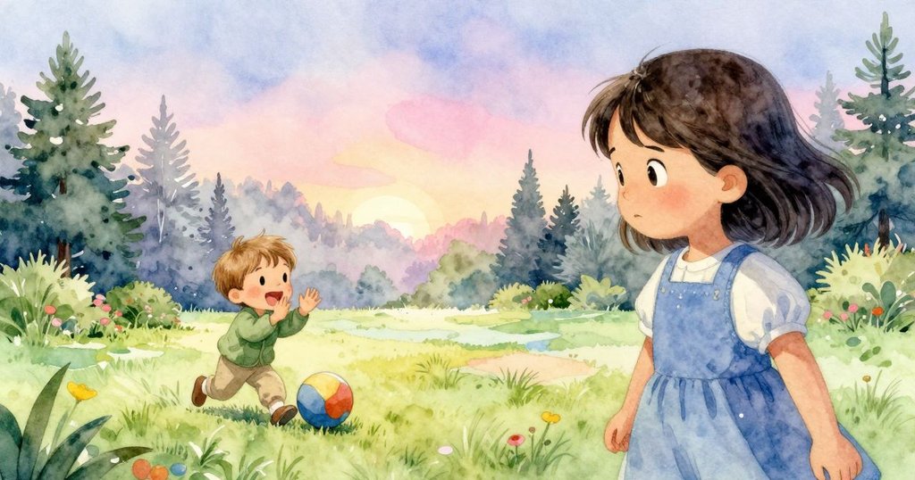 球平穩滾向草地，另一孩子開心鼓掌慶祝，卡雅注視著成功時刻，池塘邊鴨子嬉戲營造出寧靜完滿的結局