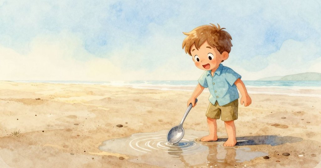 維農在濕沙灘上輕觸銀匙，海水泛起漣漪，早晨柔光中展現好奇心，小螃蟹在岩石旁默默觀察。