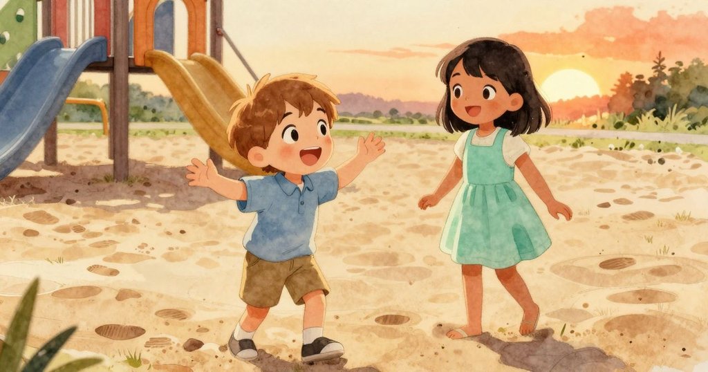 維農與喬艾爾在遊樂場中探索，踏過沙中足跡，陽光灑下長影，溫暖午後環境裡洋溢著興奮和新奇。