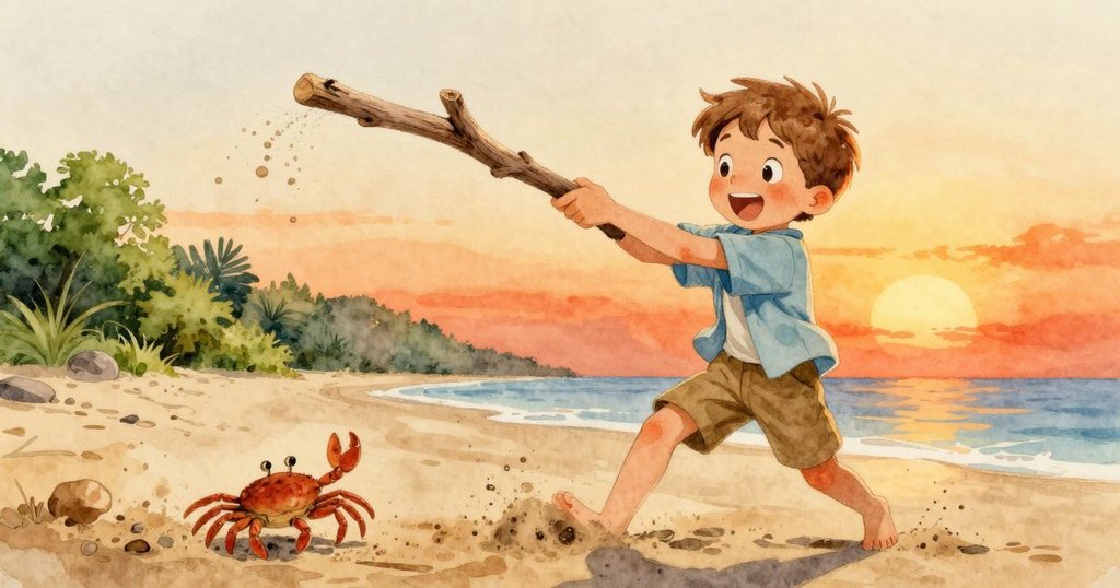 維農揮舞木枝激起沙塵，小蟹輕快逃離，夕陽映照下海灘充滿活力與愉快追逐感。