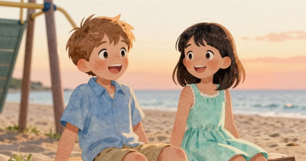 維農與喬艾爾傍晚於遊樂場邊靜坐休息，面帶寧靜微笑，彼此分享滿足與溫暖的一天海邊探險回憶。