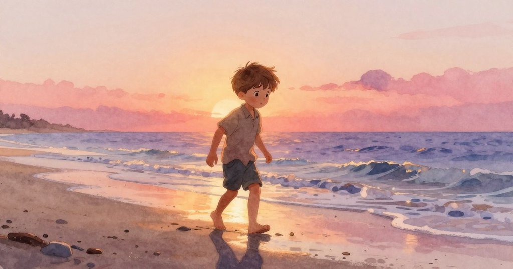 Niall在晨曦中走進濕潤沙灘,輕觸沙面,海浪拍岸,天空呈現夕陽橙與玫瑰粉色調,表情期待