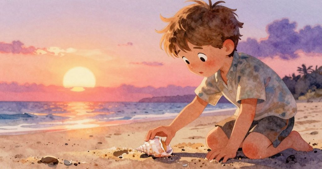 Niall的手輕觸濕沙,殼邊微微敞開,水珠閃爍,展現沙粒細膩質感,動作柔和專注