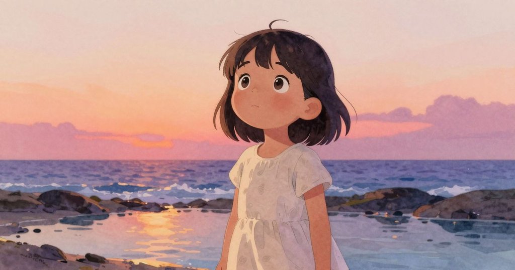 Katia站在潮池旁,低角度仰望天空,神情充滿驚奇,背景展現海灘細節及柔和光線,動作自然