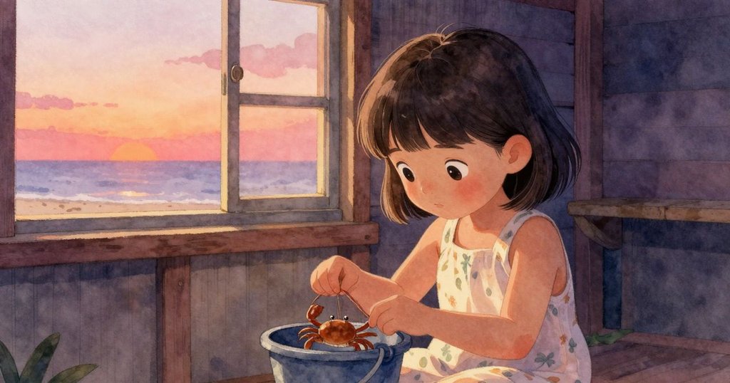 Katia在海邊小屋內仔細觀察裝有海洋寶物的水桶,溫暖光線灑進室內,旁邊蟹兒輕點水面,畫面溫馨