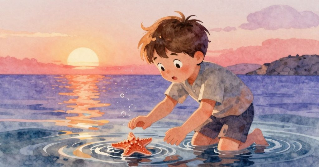 Niall驚喜發現藏在透明海水中的海星,臉上露出驚奇神情,近景展現水泡與沙灘細節,場面生動