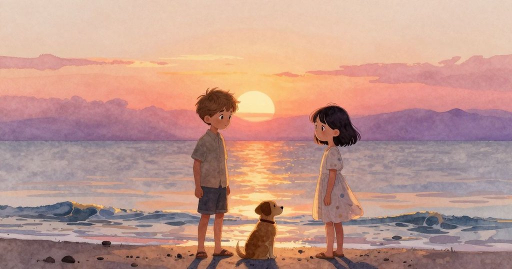 Niall與Katia和小狗在夕陽下靜立海邊,看著水泡升起破裂,遠處海鷗鳴叫,沙灘與海浪交織出寧靜景致