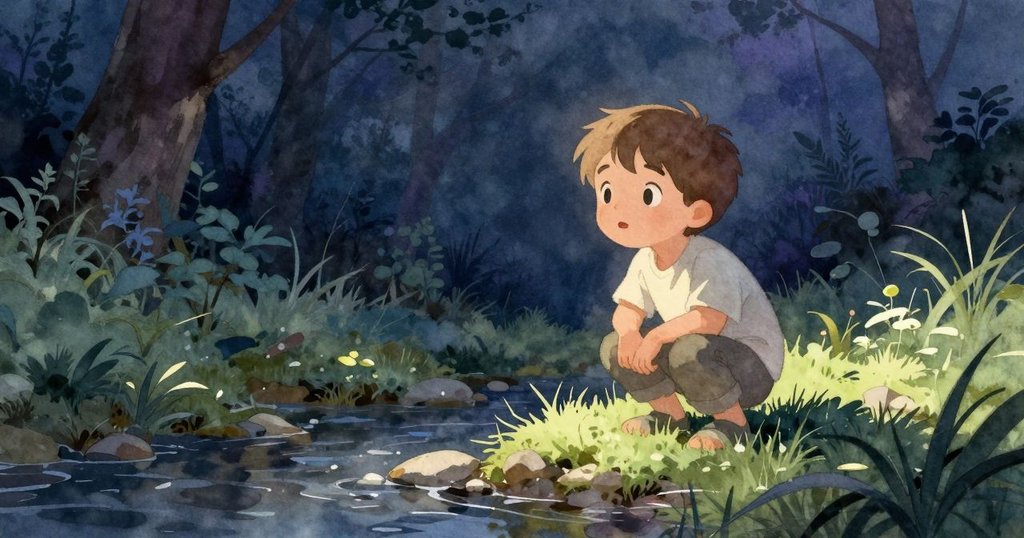 男孩在溪邊蹲著看水滴落下,背景明亮,充滿自然光與樹林意象,展現故事開端