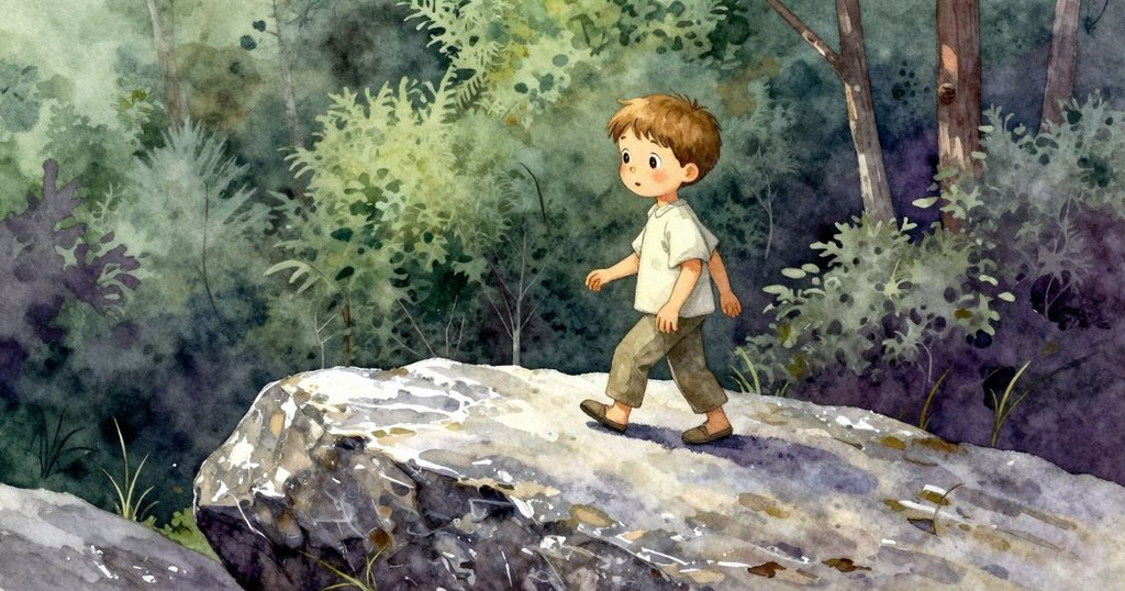 男孩走向平滑的岩石,近處展示浮雕般的石紋與光線變化,故事發展中展現探索細節