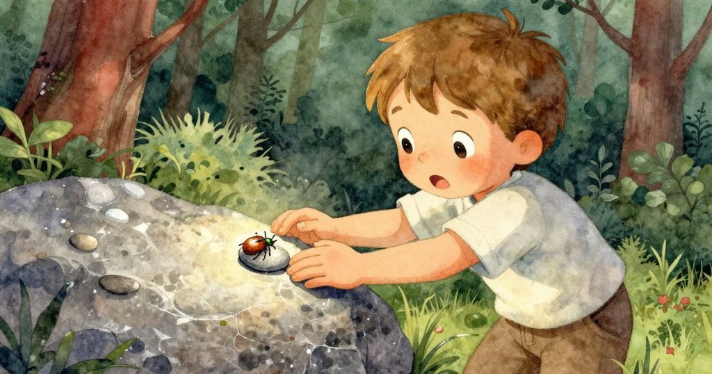 男孩小心放置灰色石子,近拍展現石子紋理與小甲蟲從石縫爬出,強調微小生命的動態