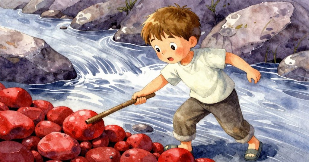 男孩用棍子輕拍滑向水邊的紅色石子,畫面呈現動態光影與溫暖戶外光線,情節推進