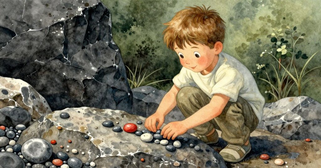 男孩微笑著排列石子,細緻地考慮黑色光亮石子的位置,展現故事高潮決策時刻