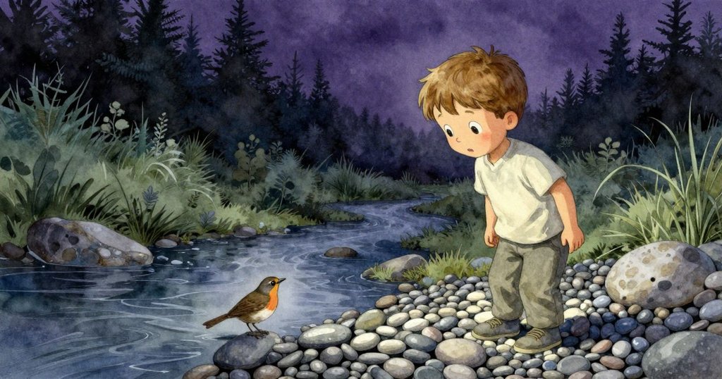 男孩欣賞排列整齊的石子,遠處有知更鳥鳴叫,寧靜自然景觀呼應故事結局的和諧