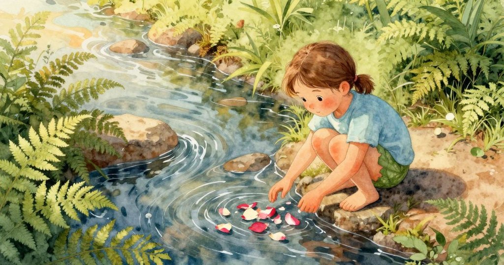 菲奧娜在溪邊輕觸鮮豔花瓣，水面漣漪初展，蕨葉搖曳，從空中俯瞰展現溫暖晨光與大自然魅力