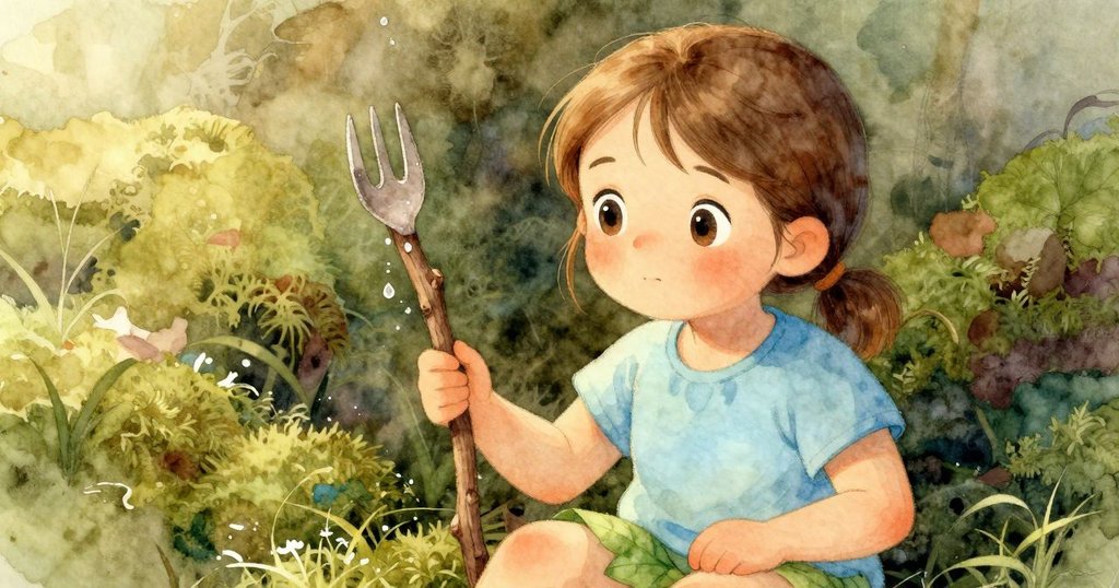 菲奧娜輕提叉狀木枝，其上露珠閃爍明亮，特寫捕捉綠苔背景與溫暖光影下的細膩自然之美