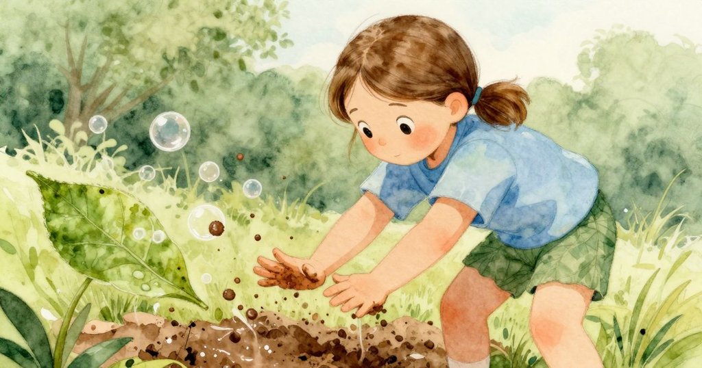 菲奧娜用力按壓柔軟泥土，輕輕促使樹葉翻起，細小氣泡綻放嗶嗶作響，畫面角度獨特充滿動感