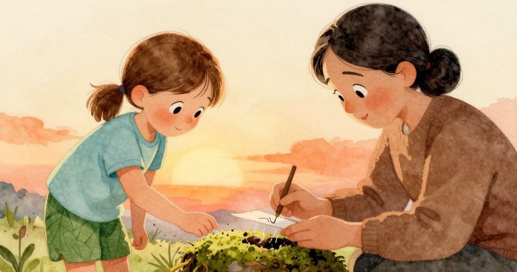 菲奧娜輕觸苔蘚根部，根部微微掀起露出空隙，背景中成年者安靜記錄，夕陽下溫柔漸變時光