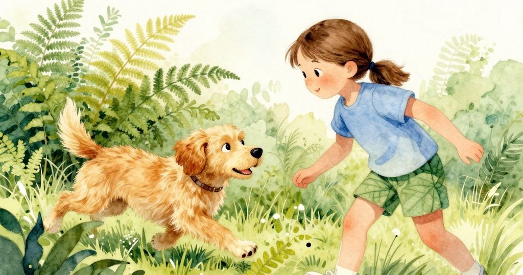 狗狗歡快奔入高高蕨叢，菲奧娜愉悅觀看，動態捕捉自然生機，背景充滿生氣與陽光