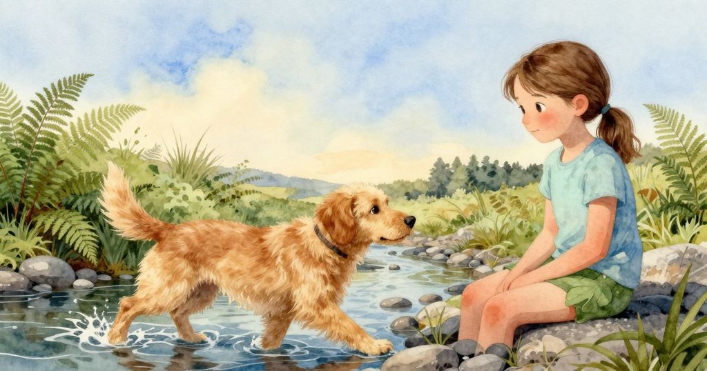 菲奧娜靜坐溪邊沉思，灰色卵石與蕨葉交織風景，狗兒悠然巡遊，水上小蟲輕快浮動，展現寧靜結局