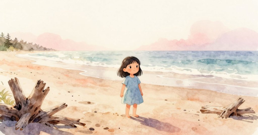 在寧靜的海邊,Rosa站在潟湖旁,凝視破裂的木頭與濕沙,充滿好奇與期待的表情。