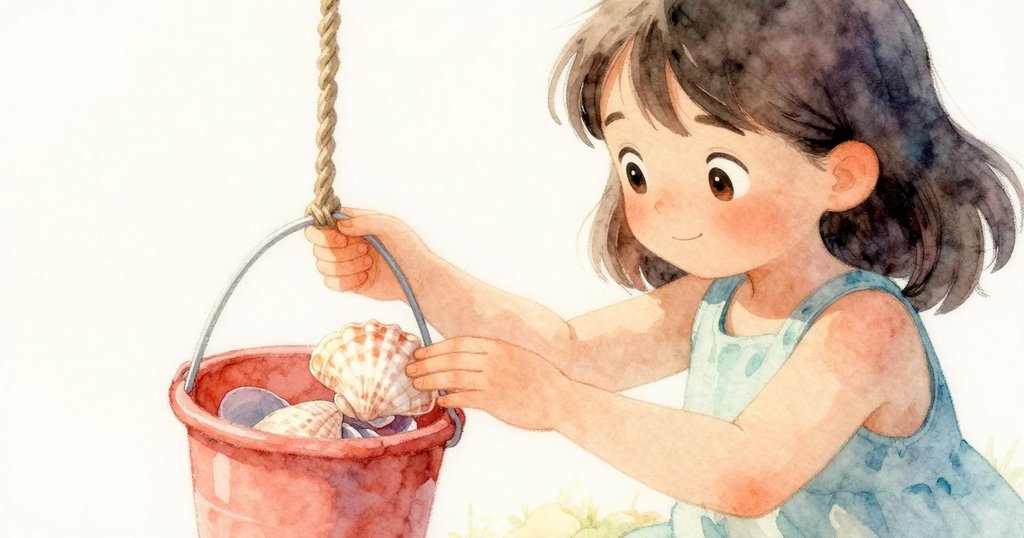 Rosa仔細觸摸滑落的貝殼,她溫柔的手與搖擺的水桶,展現探索之美與驚喜。
