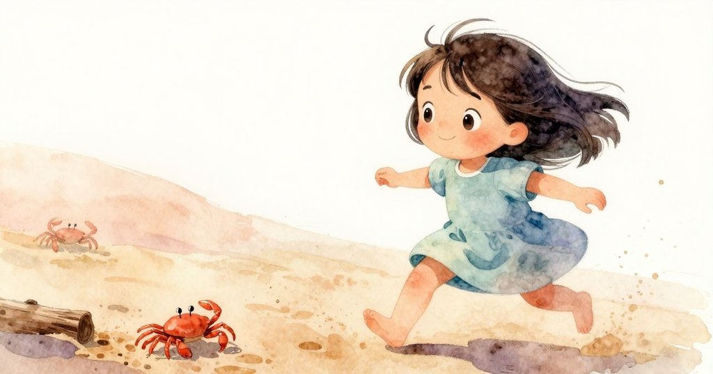 轉動角度下,一隻小螃蟹在木頭旁移動,輕沙隨風舞動,生動活潑呈現自然氣息。