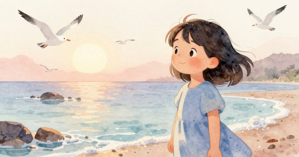 在溫暖陽光中,海邊留痕與鹽霜映襯潟湖邊緣,海鷗低飛,氣氛悠然自得。