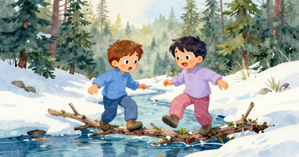 約克好奇地走向溪邊低垂枝條形成的門框，弟弟瓦德在後面觀望，森林晨光映照出清新氣氛