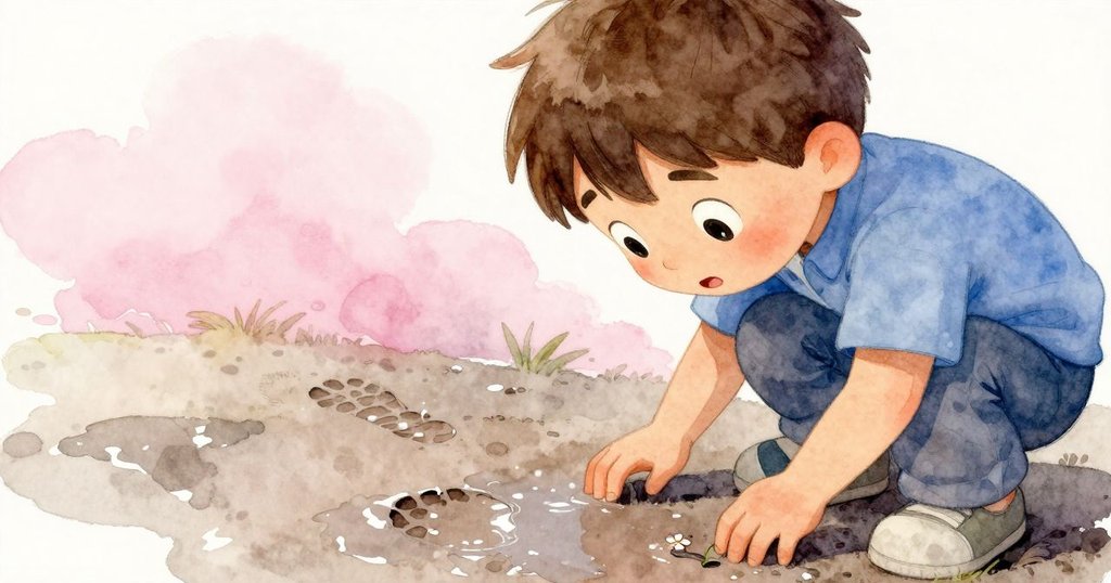 約克蹲在溪邊仔細看著濕潤土壤上帶有小花的靴印，神情專注探索自然奧秘