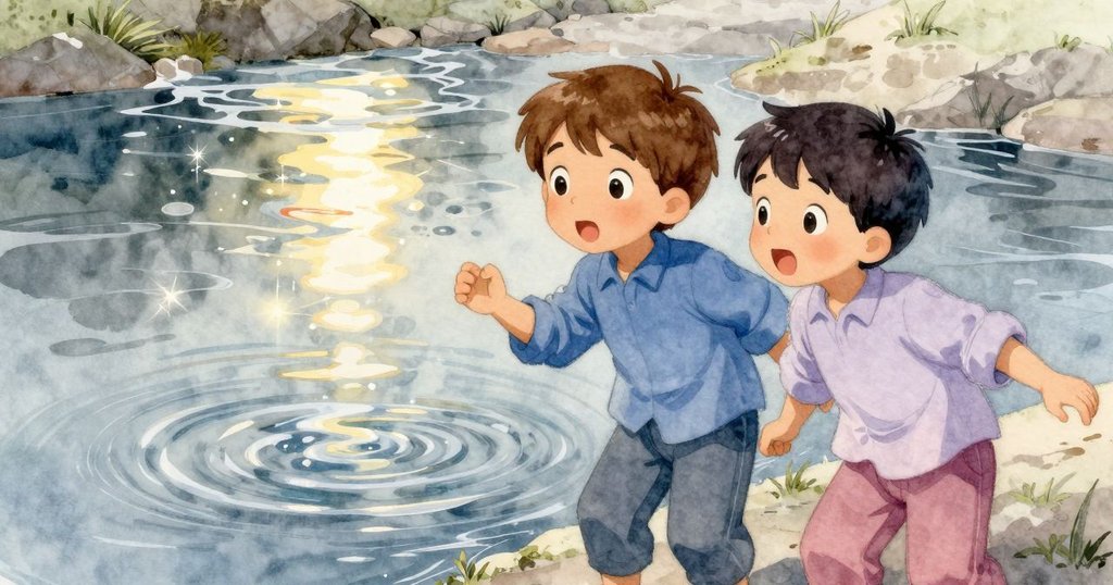 約克與瓦德注視著溪水中跳動的光影，水面上映出自然痕跡，一隻水黽靈巧掠過，情緒驚喜