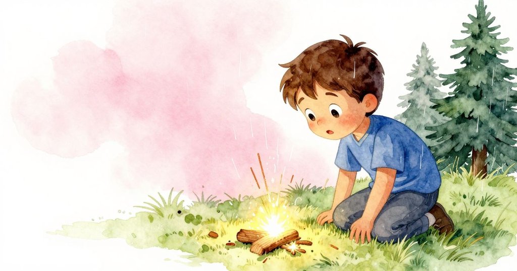 約克在細雨中凝視濕潤木頭上的刻痕及樹皮粉塵散發的微橙光芒，神態中流露出細膩思索