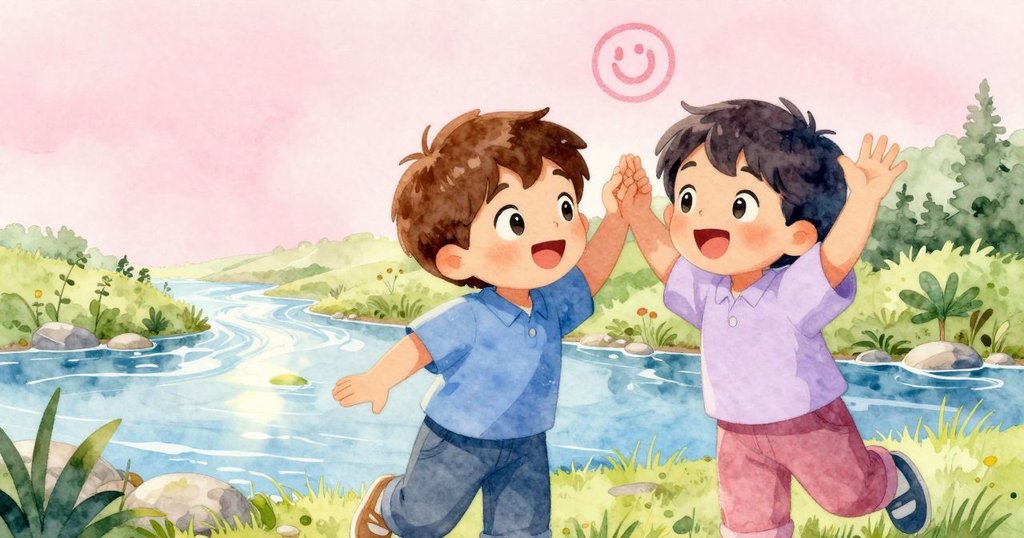 約克與瓦德在陽光明媚的溪邊空地歡慶發現自然痕跡，雙手擊掌互動，情緒充滿喜悅