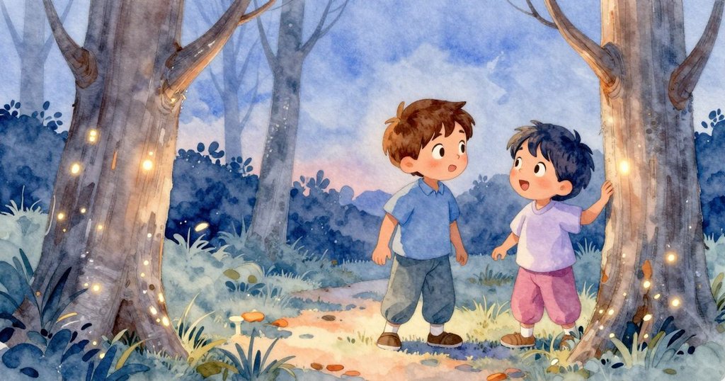 黃昏時分，約克與瓦德站在溪邊靜靜欣賞樹皮與木頭上閃爍的橙光痕跡，心中滿是自然秘密與驚奇