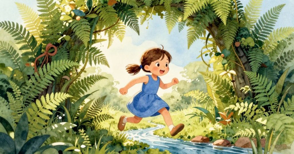 Eve在清晨陽光中踏入蕨葉拱門旁溪流邊，金葉旋轉飛舞，營造出探索與新奇的自然場景。