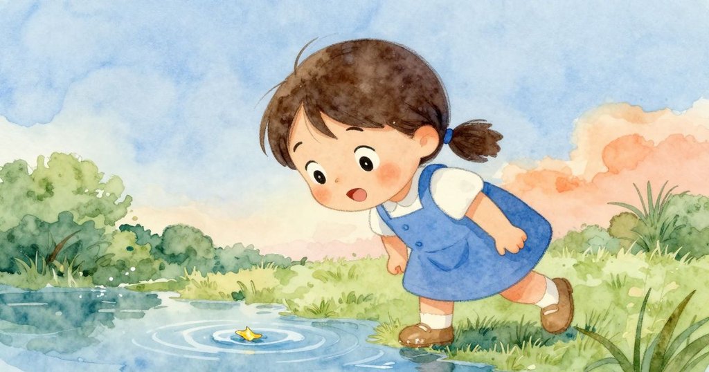 Eve充滿驚奇的眼神近攝，注視著水面上輕舞的金葉，流露出好奇與探索的情感。