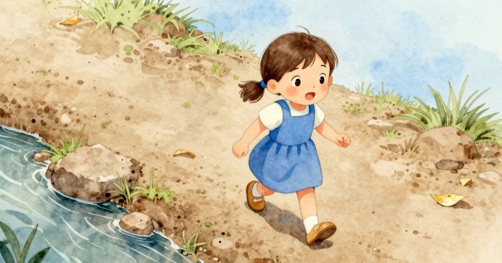 從高處俯瞰，Eve沿溪邊穩步前進追蹤金葉，展現堅定步伐與自然背景中的流水蜿蜒。