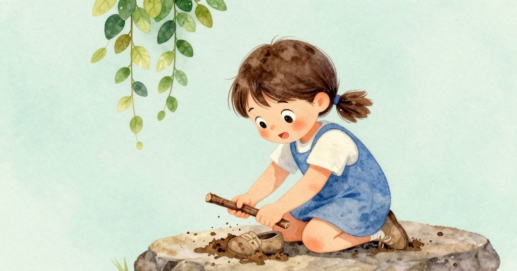 Eve跪在平整岩石上，用叉狀樹枝試圖撥開黏泥中的鞋子，背景有低垂植物，呈現自然互動情景。