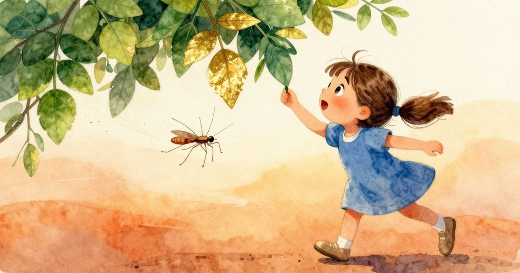 金葉在垂掛植物下迅速滑動，一隻水黽劃過水面，Eve注視著這一充滿活力的瞬間，場景動感十足。