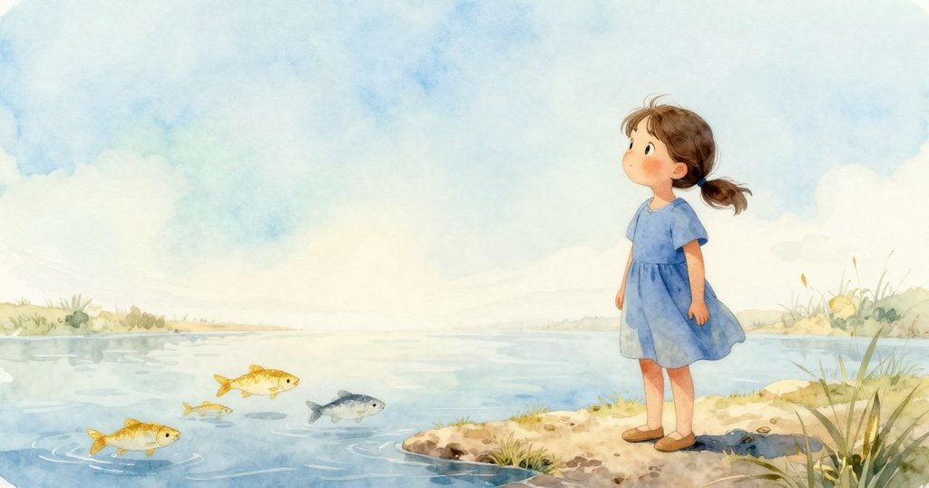 Eve靜立河畔，金葉與銀魚在靜水中安然停留，溫柔光斑灑落出平和與寧靜的自然氣息。